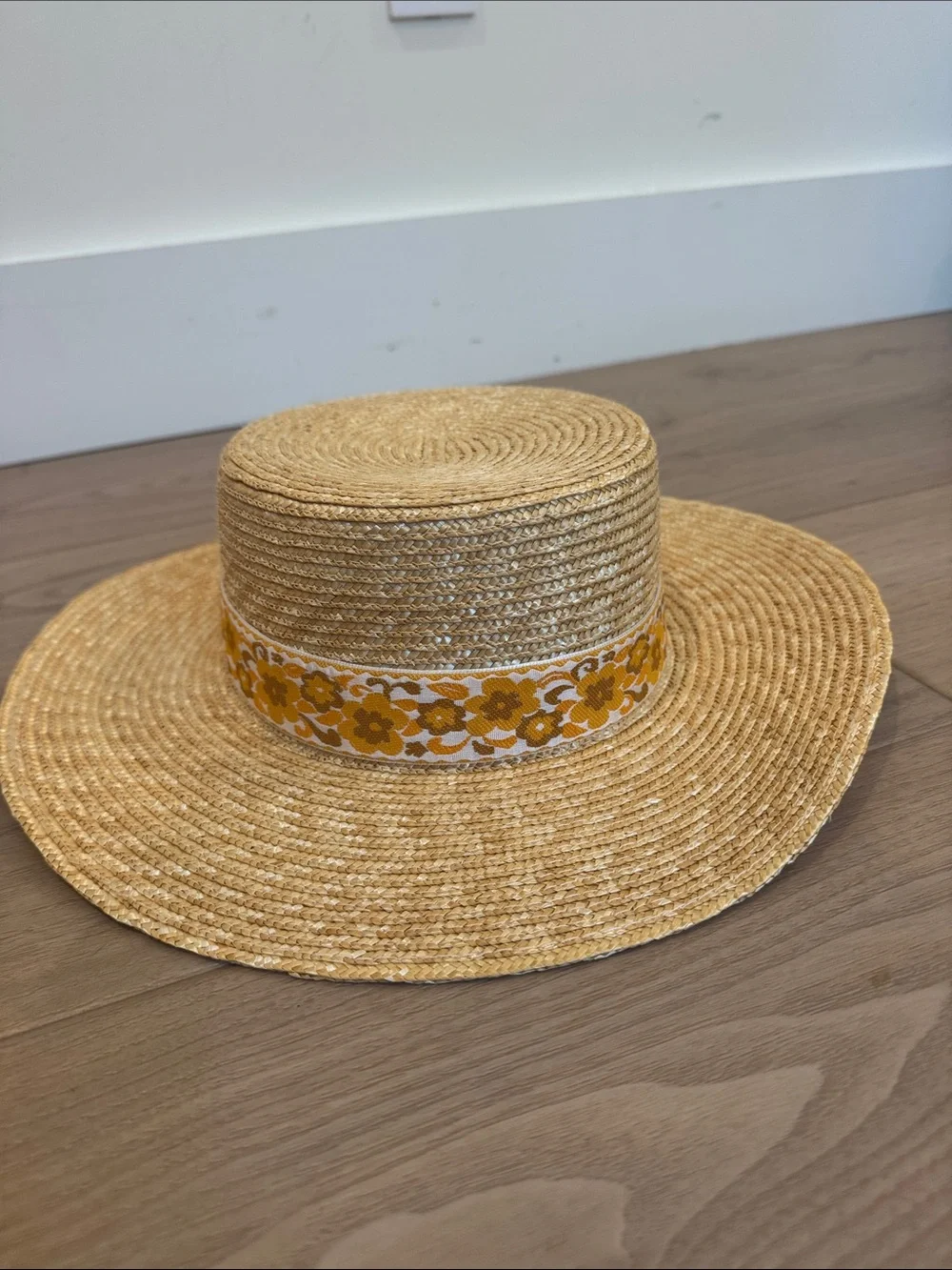 Straw Boater Lack of Color Sun Hat with Yellow Floral Band